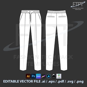 Peut inclure: Illustration technique de mode d'un pantalon blanc, vues de face et de dos, avec une taille à cordon et des poches. L'image comprend le texte "FASHION TECH PACK TEMPLATES" et "EDITABLE VECTOR FILE .ai / .eps / .pdf / .svg / .png".