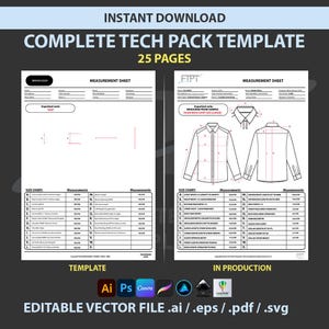 May include: A digital tech pack template with the text "INSTANT DOWNLOAD COMPLETE TECH PACK TEMPLATE 25 PAGES". The template includes measurement sheets, size charts, and editable vector files. The template is for fashion design.