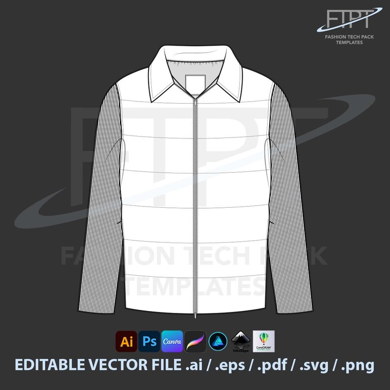 Quilted Vest Mockup Tech Pack Template Jacket CAD Technical Drawing (ai ...