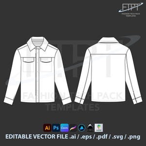 Puede incluir: Dibujo técnico de una camisa blanca de manga larga. Cuenta con cuello abotonado, dos bolsillos en el pecho y puños abotonados. Se muestran las vistas delantera y trasera. Incluye el texto "FASHION TECH PACK TEMPLATES" y "EDITABLE VECTOR FILE .ai / .eps / .pdf / .svg / .png".