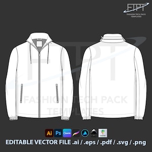 Peut inclure: Modèle technique de veste blanche, vues avant et arrière. Comprend une capuche, une fermeture éclair et des poches. Comprend le texte "FASHION TECH PACK TEMPLATES" et "EDITABLE VECTOR FILE .ai / .eps / .pdf / .svg / .png".
