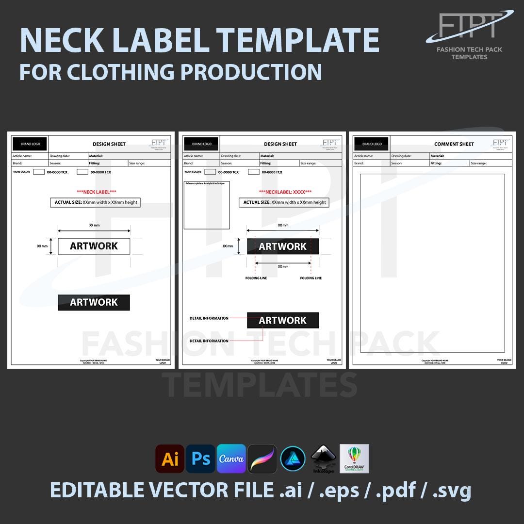 Neck Label Template Mockup Technical Drawing Vector CAD Tech Pack ...