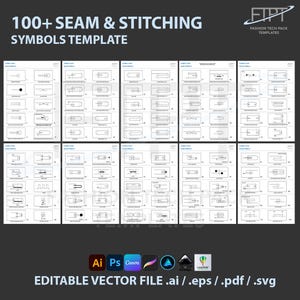 Puede incluir: Una plantilla con más de 100 símbolos de costura y puntadas. El diseño incluye varias páginas con diversas ilustraciones en blanco y negro de técnicas de costura. El texto "100+ SEAM & STITCHING SYMBOLS TEMPLATE" se muestra en la parte superior.