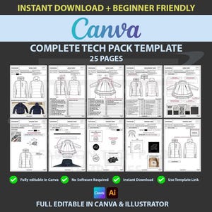 Puede incluir: Una plantilla digital de ficha técnica de 25 páginas para diseño de ropa, con bocetos técnicos de una chaqueta acolchada, tablas de medidas, especificaciones de tela y detalles de adornos. El diseño incluye diagramas para diseño, medidas, telas, arte y adornos, compatible con Canva y Adobe Illustrator.