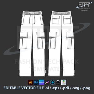 Cargo Jogger Mockup Tech Pack Template Vector Sweatpants CAD Drawing Front Back Fashion Flat Sketch for Streetwear Production