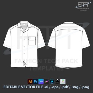 May include: A white short-sleeved shirt technical drawing, featuring front and back views. The shirt has a collar, a chest pocket, and button closures. The image includes the text "FASHION TECH PACK TEMPLATES" and "EDITABLE VECTOR FILE .ai / .eps / .pdf / .svg / .png".