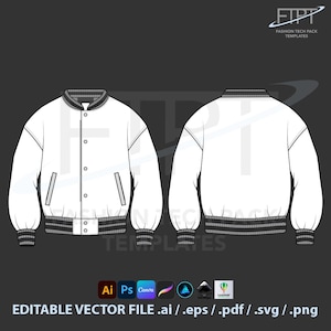 Peut inclure: Dessin technique d'une veste universitaire blanche, vues avant et arrière, avec garnitures grises et noires. La conception comprend des poches, des boutons et des poignets côtelés. Le texte "FASHION TECH PACK TEMPLATES" est également inclus.