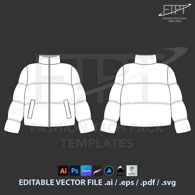 Women's Boxy Puffer Jacket Tech Pack Template (ai, Eps, Pdf, Svg, Png ...