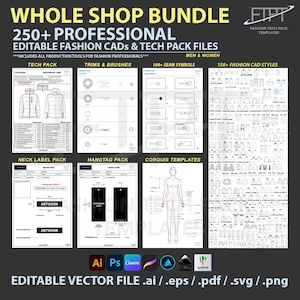 Puede incluir: Imagen promocional para un paquete completo de tienda de archivos CAD de moda y paquetes técnicos editables. La imagen incluye varias plantillas de diseño, incluidos paquetes técnicos, adornos y pinceles, símbolos de costura y estilos CAD de moda. También incluye el texto "EDITABLE VECTOR FILE .ai / .eps / .pdf / .svg / .png."
