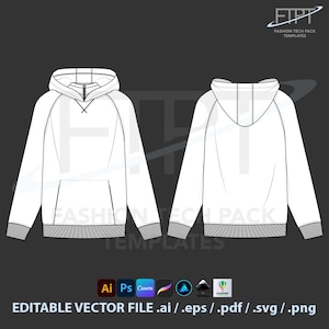 May include: White hoodie fashion tech pack template. The front and back views of the hoodie are displayed. The hoodie has a hood, a front pocket, and gray ribbed cuffs and hem. The text "FASHION TECH PACK TEMPLATES" is visible.