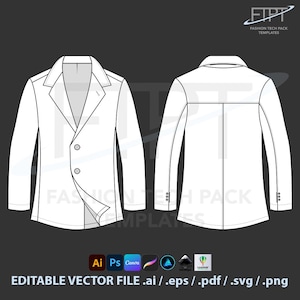 May include: A white blazer technical drawing, front and back views, with button details and a notched lapel. The image includes the text "FASHION TECH PACK TEMPLATES" and "EDITABLE VECTOR FILE .ai / .eps / .pdf / .svg / .png".