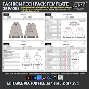 Modello tech pack modificabile professionale Pdf e Ai per design moda e abbigliamento