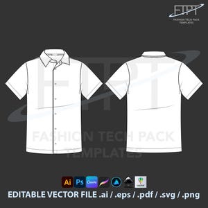 May include: Technical drawing of a white short-sleeved shirt, showing front and back views, with a collar and button closure. The image includes the text "FASHION TECH PACK TEMPLATES" and "EDITABLE VECTOR FILE .ai / .eps / .pdf / .svg / .png".