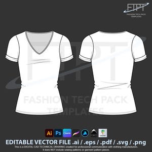 Mockup Camiseta de Mujer con Cuello en V, Boceto Plano CAD Vectorial, Dibujo Técnico (Ai, Eps, Pdf)