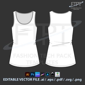 May include: White vest top template, front and back views, on a dark grey background. The image includes the text "FASHION TECH PACK TEMPLATES" and "EDITABLE VECTOR FILE .ai / .eps / .pdf / .svg / .png".