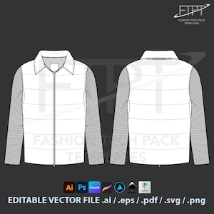 May include: A technical fashion illustration of a white and grey jacket. The jacket has a collared neckline, a full-length zip, and horizontal quilted panels on the front and back. The sleeves are grey with a striped pattern. The text "FASHION TECH PACK TEMPLATES" is visible.