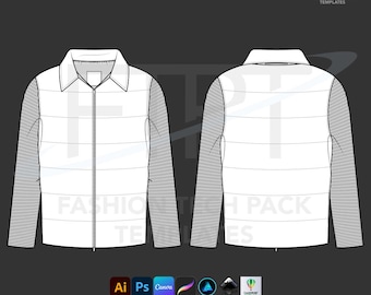 Quilted Vest Mockup Tech Pack Template Jacket CAD Technical Drawing (ai, eps, pdf, svg)