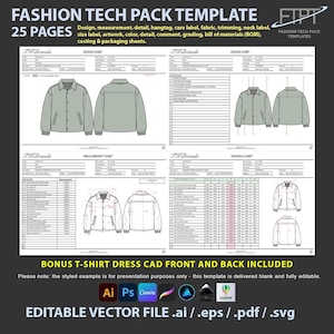 Plantilla tech pack editable profesional Pdf y Ai para diseño de moda y prendas de vestir