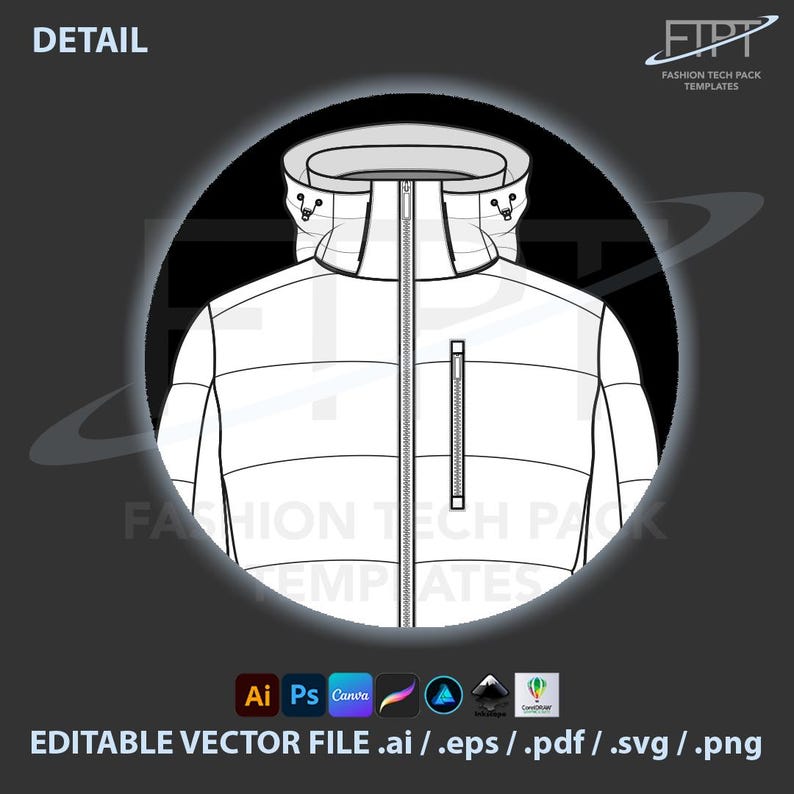 Puffer Jacket Mockup Vector CAD Template Technical Drawing (ai, Eps ...