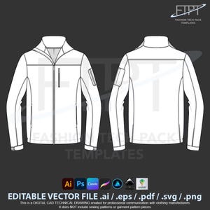 Softshell Workwear Jacket Tech Pack CAD Template Unisex Utility Zip Jacket Front & Back Flat Sketch Ai Eps Pdf Svg