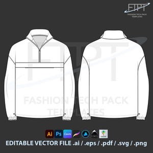 Op de afbeelding: Een wit ontwerp van een jas met lange mouwen, een halve ritssluiting, een voorzak en geribde manchetten. De voor- en achteraanzichten worden weergegeven. Tekst bevat "FASHION TECH PACK TEMPLATES" en "EDITABLE VECTOR FILE .ai / .eps / .pdf / .svg / .png."