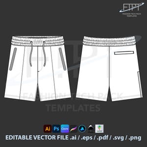 Può includere: Modello tecnico di pantaloncini bianchi. I pantaloncini presentano un elastico in vita con coulisse, tasche anteriori e una tasca posteriore. Il design è un file vettoriale, adatto per la progettazione di moda e la creazione di tech pack.