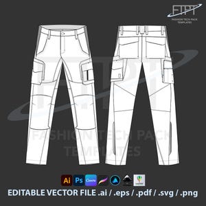 Op de afbeelding: Een technische tekening van een witte cargobroek, met voor- en achteraanzicht. Het ontwerp heeft meerdere zakken, knielappen en een knoop- en ritssluiting. De tekst bevat "FASHION TECH PACK TEMPLATES" en "EDITABLE VECTOR FILE .ai / .eps / .pdf / .svg / .png".
