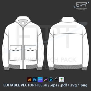 May include: A white bomber jacket fashion tech pack template, front and back view, with a zipper closure, two front pockets, and a gray ribbed hem and cuffs. The image includes the text "EDITABLE VECTOR FILE .ai / .eps / .pdf / .svg / .png."