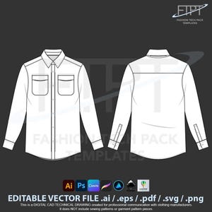 Maquette chemise boutonnée tech pack modèle vectoriel CAD téléchargement numérique