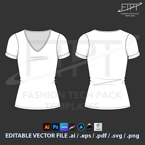 Puede incluir: Plantilla de camiseta blanca con cuello en V, vistas delantera y trasera, con mangas cortas. La imagen incluye el texto "FASHION TECH PACK TEMPLATES" y "EDITABLE VECTOR FILE .ai / .eps / .pdf / .svg / .png".