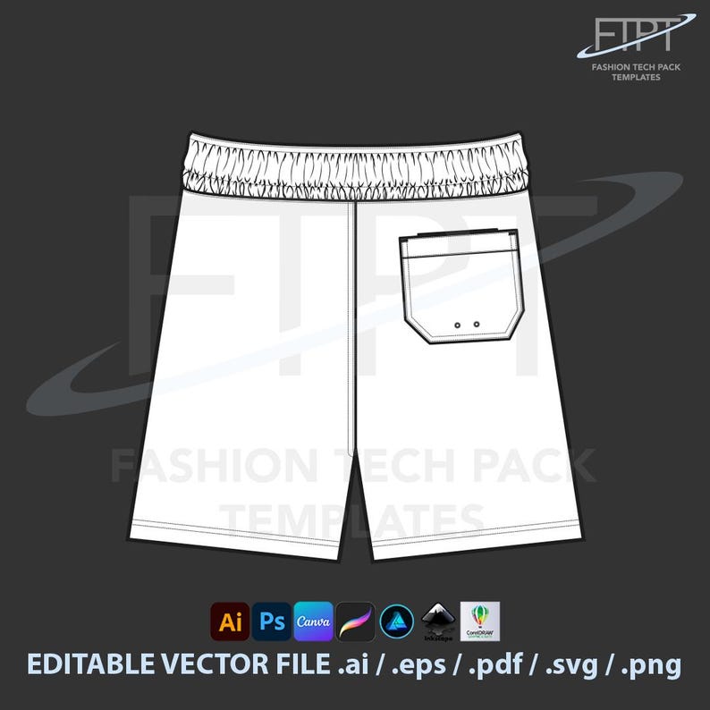 Mens Swim Shorts Mockup CAD Fashion Flat Template (ai, Eps, Pdf, Svg ...