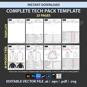 Puede incluir: Una plantilla digital para un paquete técnico completo, con 25 páginas. El diseño incluye hojas de diseño, hojas de medición y hojas de clasificación. La plantilla es editable y se entrega en blanco. También incluye el texto "DESCARGA INSTANTÁNEA".