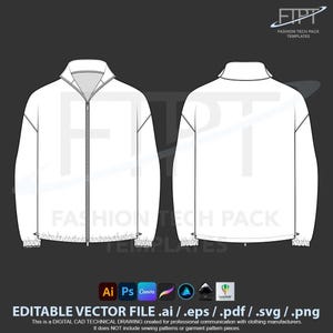 Chaqueta cortavientos unisex mockup dibujo técnico vector CAD plantilla tech pack (Ai, Eps, Pdf, Svg)