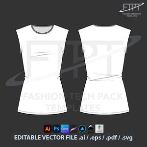 Op de afbeelding: Een witte mouwloze top sjabloon, voor- en achteraanzicht, op een donkergrijze achtergrond. Het ontwerp omvat een ronde halslijn en een licht uitlopende zoom. De tekst "FASHION TECH PACK TEMPLATES" is zichtbaar. Software-iconen en bestandsinfo zijn ook inbegrepen.