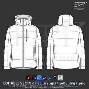 Ski Puffer Jacket Mockup Vector CAD Template Technical Drawing (Ai, Eps, Pdf, Svg)