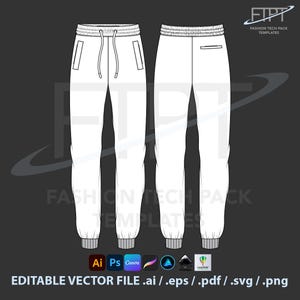 Sweatpants Jogger Mockup Tech Pack Vector CAD Template Elastic Waist Front and Back Flat Sketch Editable Technical drawing Production File