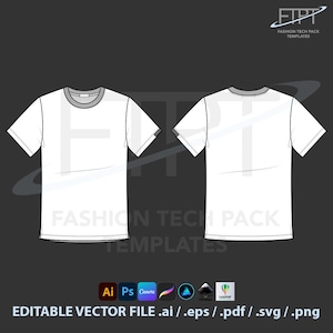 Könnte beinhalten: Technische Zeichnung eines weißen T-Shirts, Vorder- und Rückansicht, mit grauem Rundhalsausschnitt und kurzen Ärmeln. Das Bild enthält den Text "FASHION TECH PACK TEMPLATES" und "EDITABLE VECTOR FILE .ai / .eps / .pdf / .svg / .png".