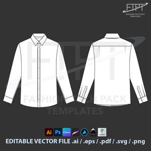 Puede incluir: Plantilla técnica de moda de camisa blanca de manga larga, vistas delantera y trasera. Presenta un cuello clásico, cierre de botones en la parte delantera y puños abotonados. La imagen incluye el texto "FASHION TECH PACK TEMPLATES" y "EDITABLE VECTOR FILE .ai / .eps / .pdf / .svg / .png".
