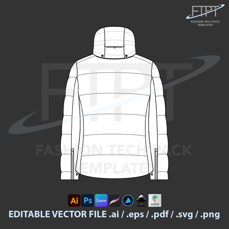 Puffer Jacket Mockup Vector CAD Template Technical Drawing (ai, Eps ...