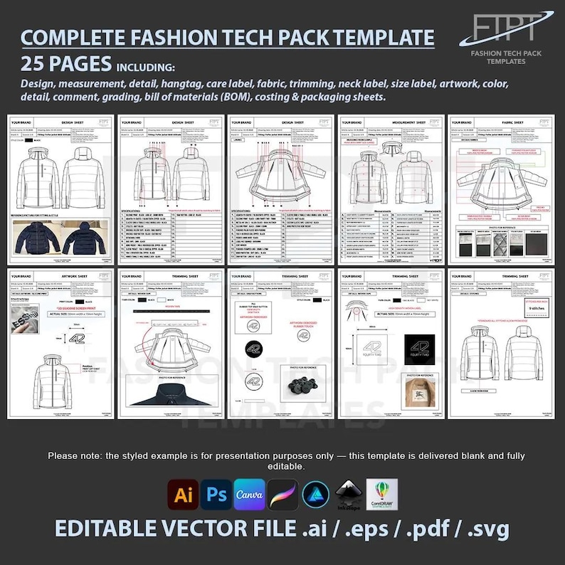 Editable Clothing Tech Pack Template: Vector CAD Layout (ai, Eps, Pdf ...