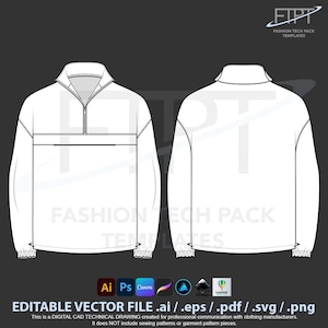 Quarter zip anorak CAD sjabloon fashion tech pack digitale download