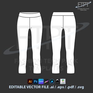 Könnte beinhalten: Eine weiße Vektorillustration von verkürzten Sportleggings, die von vorne und hinten gezeigt werden. Das Design hat einen hohen Bund. Das Bild enthält den Text "FASHION TECH PACK TEMPLATES" und "EDITABLE VECTOR FILE .ai / .eps / .pdf / .svg".