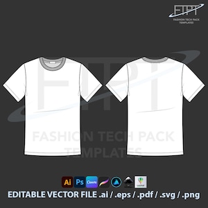 Könnte beinhalten: Eine weiße T-Shirt-Vorlage mit grauem Rundhalsausschnitt, von vorne und hinten dargestellt. Das Bild enthält den Text "FASHION TECH PACK TEMPLATES" und "EDITABLE VECTOR FILE .ai / .eps / .pdf / .svg / .png".