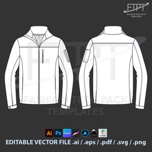 May include: White technical jacket template, front and back views, with a zipper closure, pockets, and a high collar. The design is clean and modern, suitable for fashion design. Includes file type icons and the text "EDITABLE VECTOR FILE .ai / .eps / .pdf / .svg / .png."