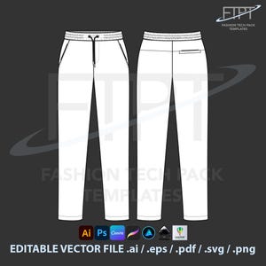 Jogger Pants Mockup Tech Pack Template CAD Sweatpants Flat Sketch Vector Unisex Editable Technical Drawing Digital Download File