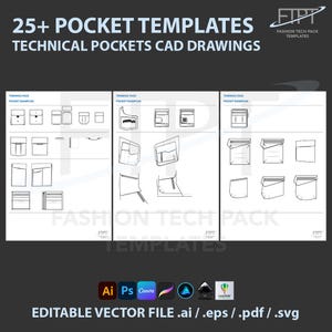 May include: A digital fashion design template with over 25 pocket designs. The technical drawings are in black and white, showcasing various pocket styles. The text reads "25+ POCKET TEMPLATES TECHNICAL POCKETS CAD DRAWINGS". The file is an editable vector file.