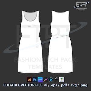May include: White tank dress fashion tech pack template. The front and back views of the dress are displayed. The dress has a scoop neckline and a fitted waist. The text "FASHION TECH PACK TEMPLATES" is visible. The file is an editable vector file.
