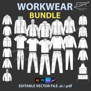Può includere: Una collezione di modelli di abbigliamento da lavoro bianchi, tra cui giacche, camicie, pantaloni e un grembiule. Il testo "WORKWEAR BUNDLE" è visualizzato in blu e giallo. L'immagine include anche il testo "EDITABLE VECTOR FILE .ai /.pdf".