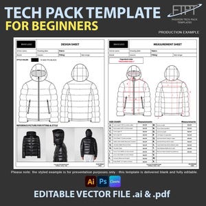 Peut inclure: Un modèle de fiche technique pour débutants, avec des fiches de conception et de mesures pour une veste à capuche. Comprend un tableau des tailles et des photos de référence. Le texte indique "TECH PACK TEMPLATE FOR BEGINNERS" et "EDITABLE VECTOR FILE .ai & .pdf".