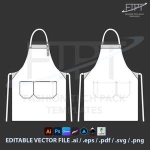Pode incluir: Um modelo de avental branco com dois bolsos frontais e uma alça de pescoço. A imagem inclui o texto "FASHION TECH PACK TEMPLATES" e "EDITABLE VECTOR FILE .ai / .eps / .pdf / .svg / .png". O design do avental é exibido duas vezes.